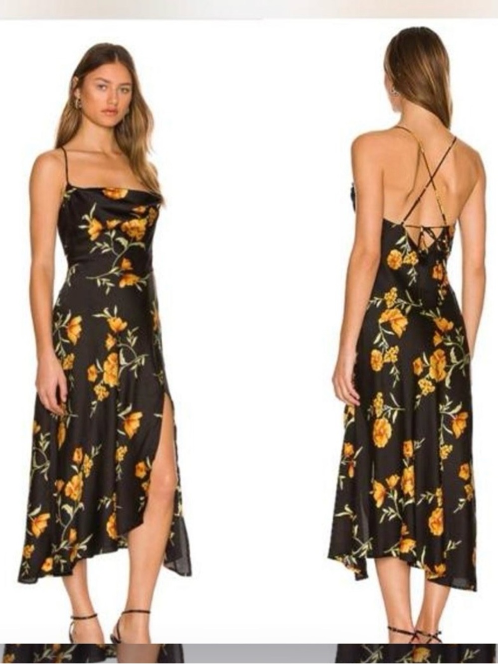 ASTR Gaia Floral Midi Dress in Black & Gold